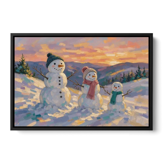 Snowman Family Painting on a Sunset Hill - Black Framed Canvas Wall Art - Front