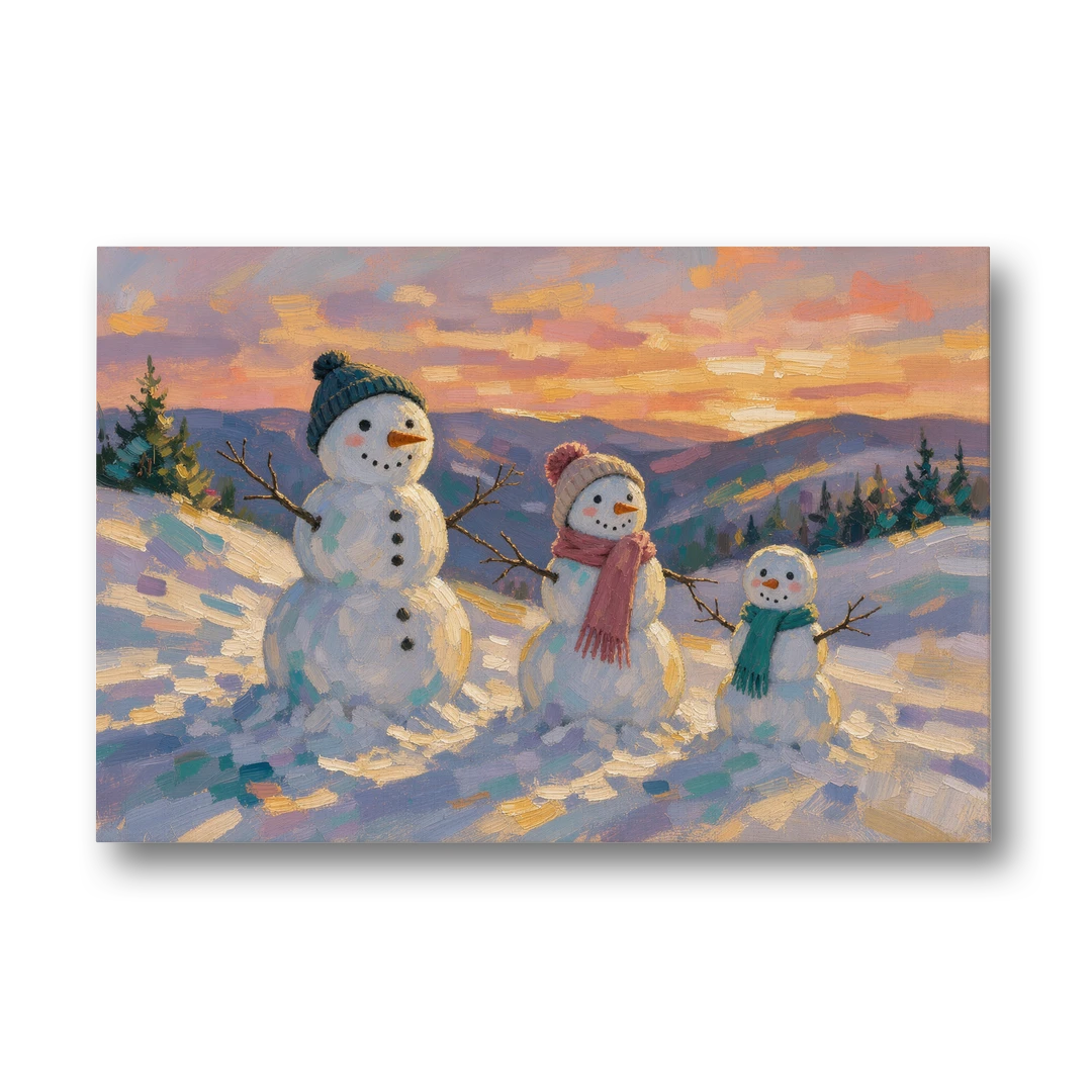 Snowman Family Painting on a Sunset Hill - Canvas Wall Art - Front