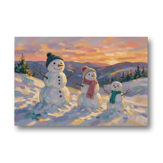Snowman Family Painting on a Sunset Hill - Canvas Wall Art - Front