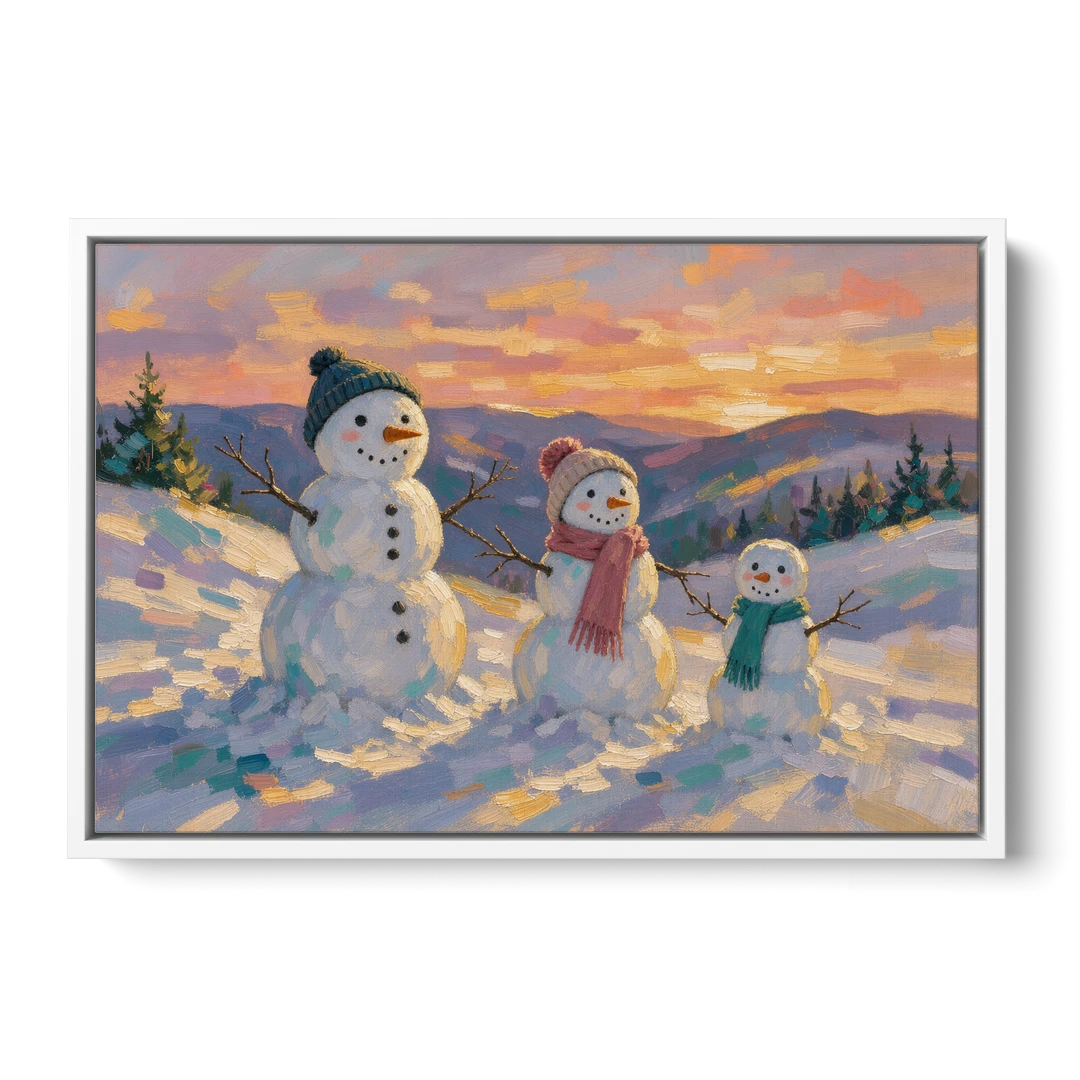 Snowman Family Painting on a Sunset Hill - White Framed Canvas Wall Art - Front