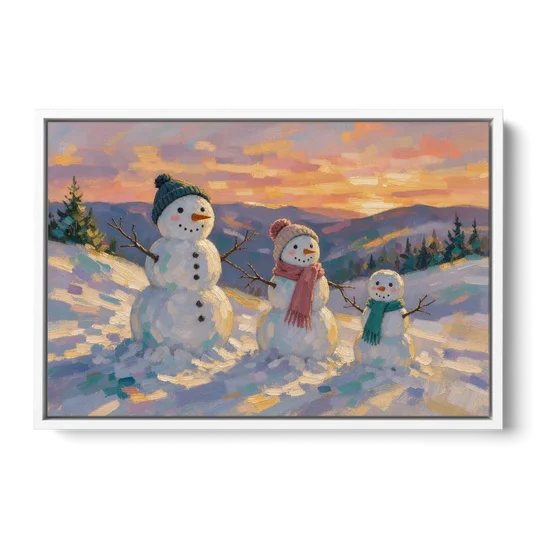 Snowman Family Painting on a Sunset Hill - White Framed Canvas Wall Art - Front