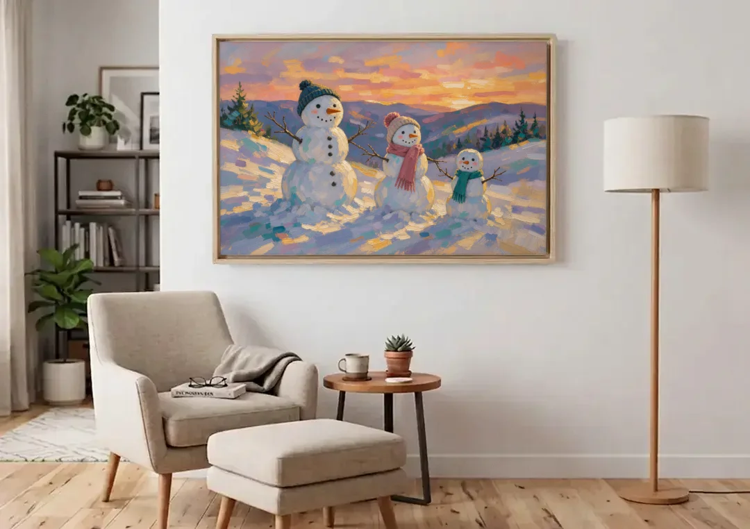 Snowman Family Painting on a Sunset Hill canvas wall art above an armchair in a bright living room