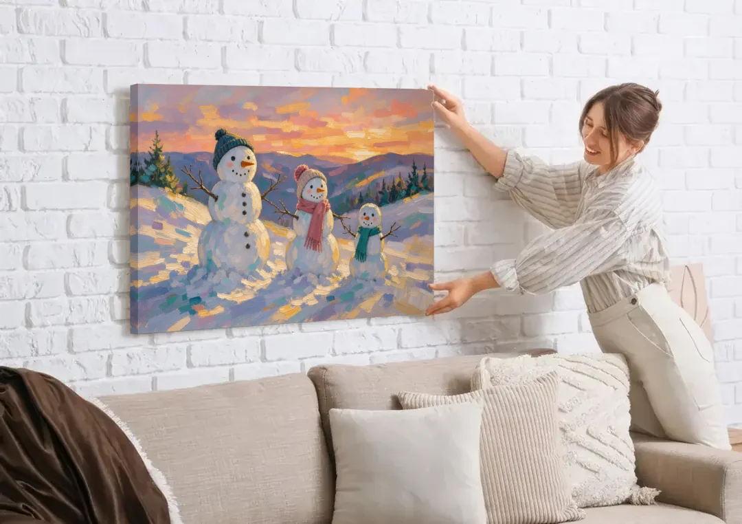 Snowman Family Painting on a Sunset Hill canvas wall art being hung on a white brick wall above a sofa