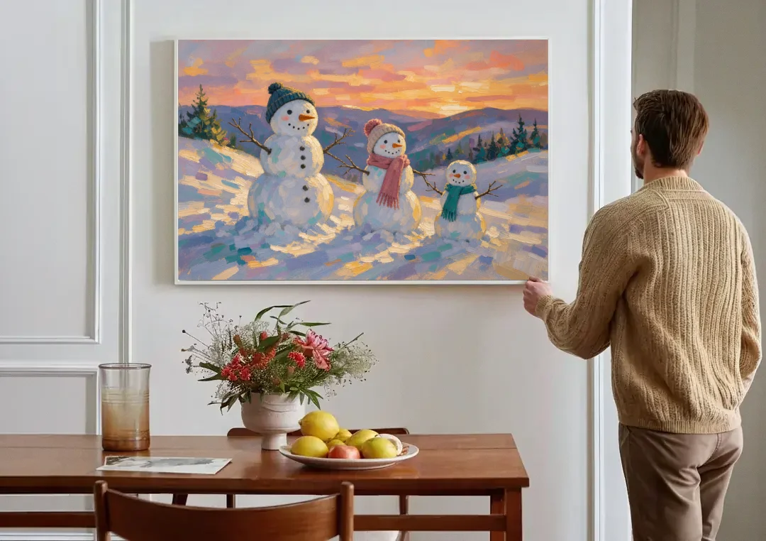 Snowman Family Painting on a Sunset Hill canvas wall art above a dining table