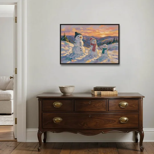 Snowman Family Painting on a Sunset Hill - Black Framed Canvas Wall Art - Coffee Table - 36x24