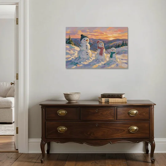 Snowman Family Painting on a Sunset Hill - Canvas Wall Art - Coffee Table - 36x24