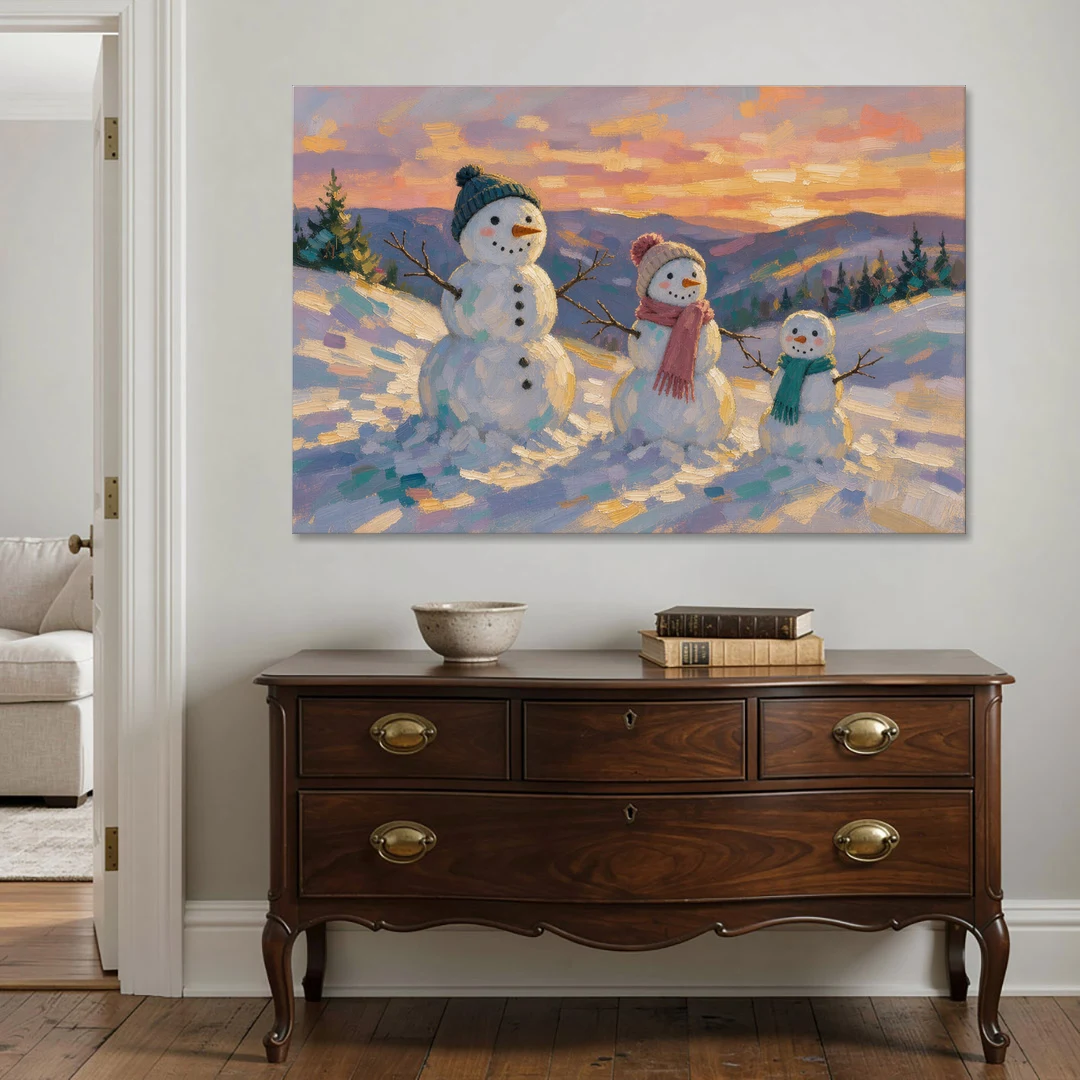 Snowman Family Painting on a Sunset Hill - Canvas Wall Art - Coffee Table - 60x40