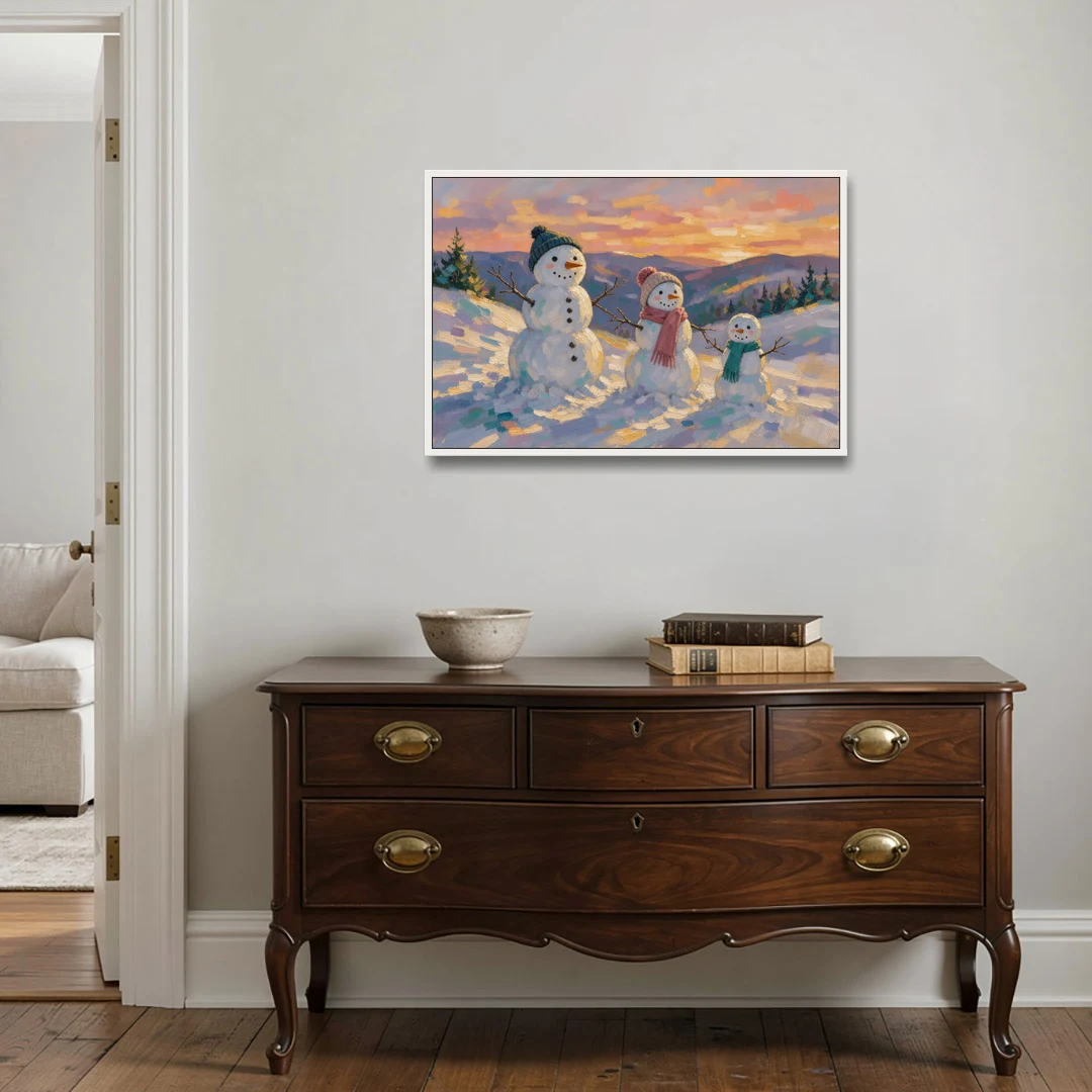 Snowman Family Painting on a Sunset Hill - White Framed Canvas Wall Art - Coffee Table - 36x24