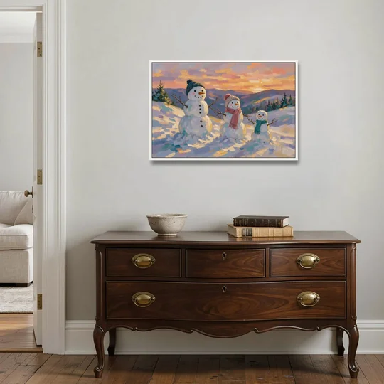 Snowman Family Painting on a Sunset Hill - White Framed Canvas Wall Art - Coffee Table - 36x24