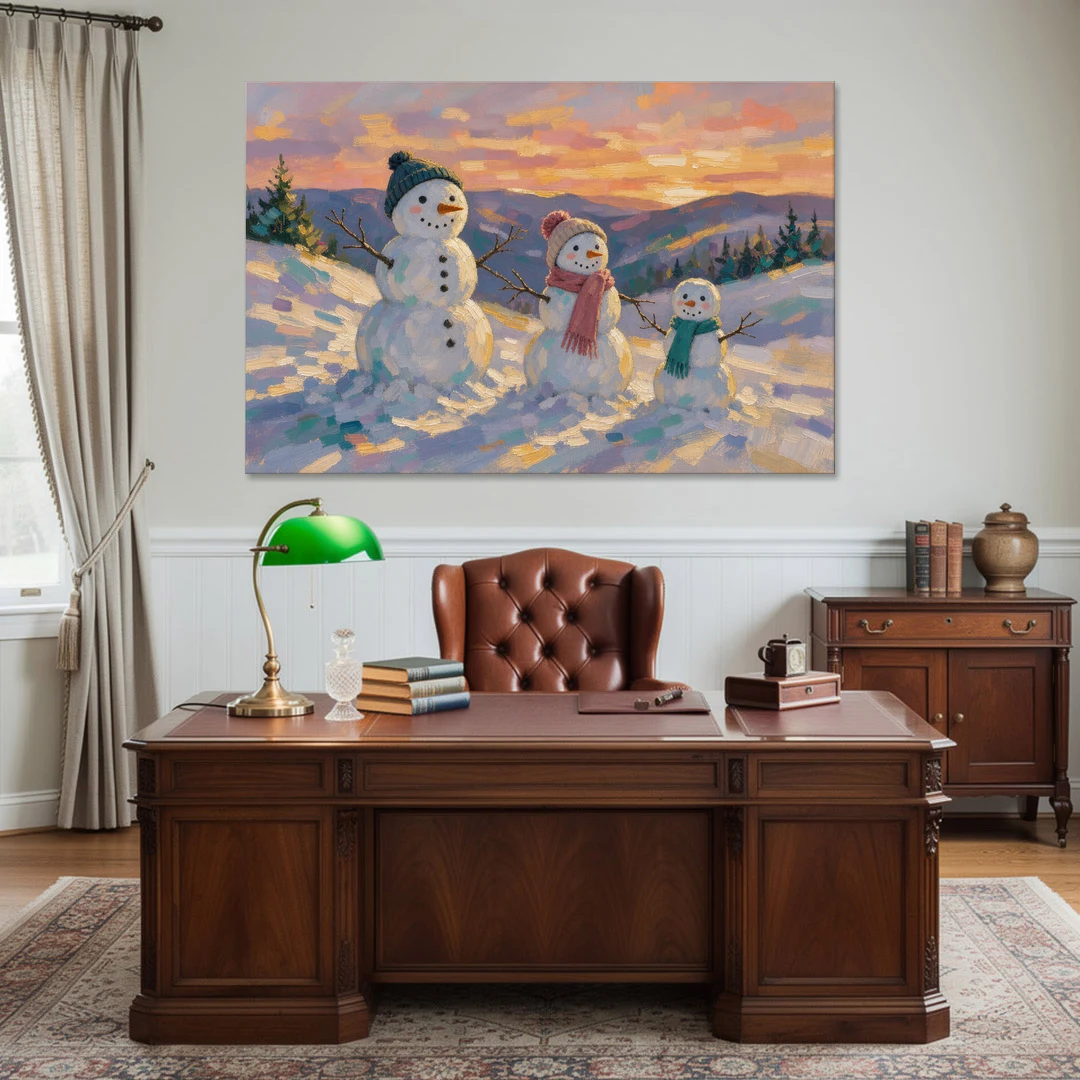 Snowman Family Painting on a Sunset Hill - Canvas Wall Art - Office - 60x40