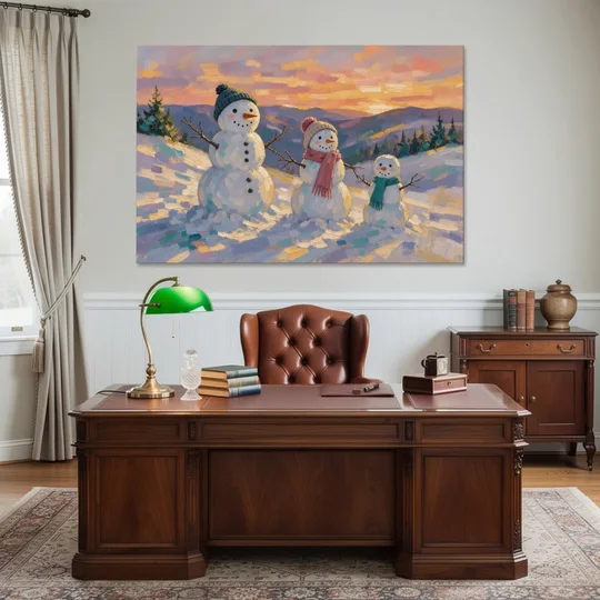 Snowman Family Painting on a Sunset Hill - Canvas Wall Art - Office - 60x40