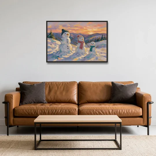 Snowman Family Painting on a Sunset Hill - Black Framed Canvas Wall Art - Sofa - 36x24
