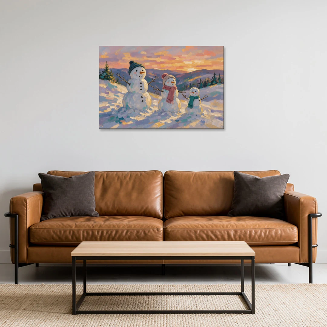 Snowman Family Painting on a Sunset Hill - Canvas Wall Art - Sofa - 36x24