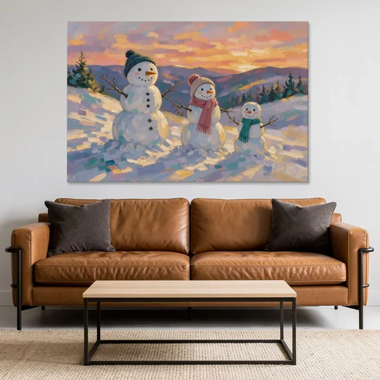 Snowman Family Painting on a Sunset Hill - Canvas Wall Art - Sofa - 60x40