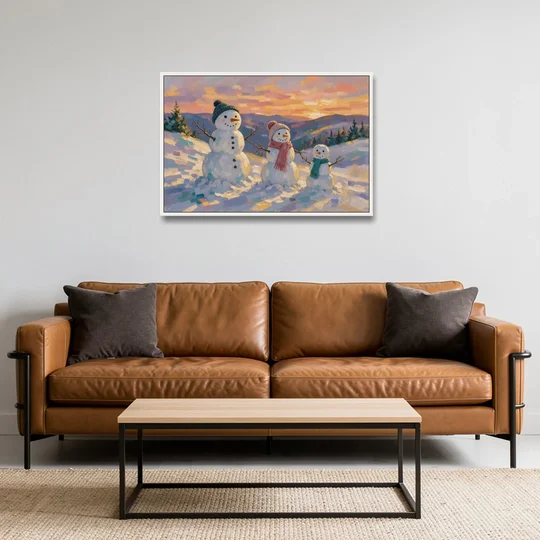 Snowman Family Painting on a Sunset Hill - White Framed Canvas Wall Art - Sofa - 36x24