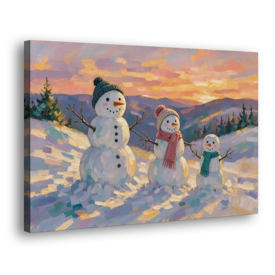 Snowman Family Painting on a Sunset Hill - Canvas Wall Art - Side