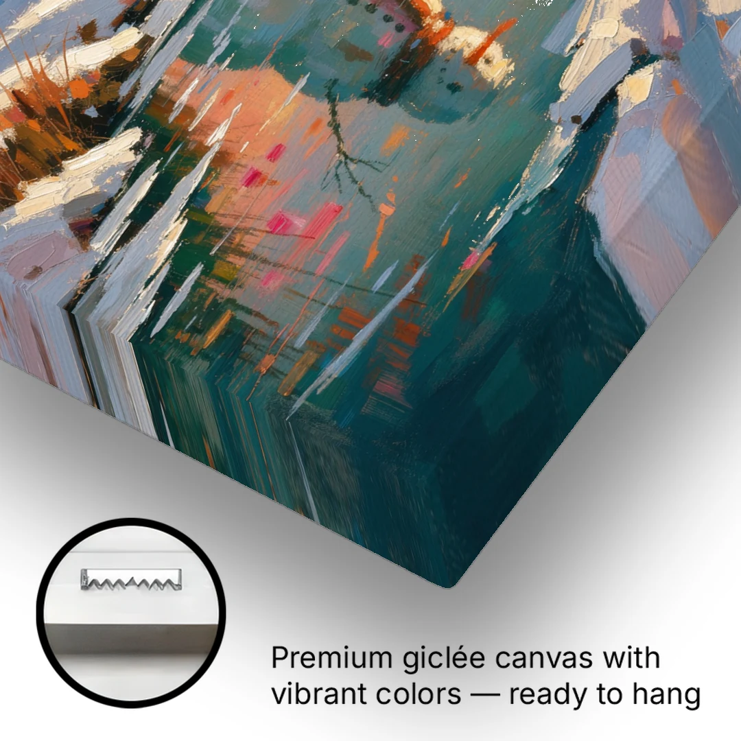 Impressionist Snowman by a Sunrise Creek - Canvas Wall Art - Gallery Wrap Corner