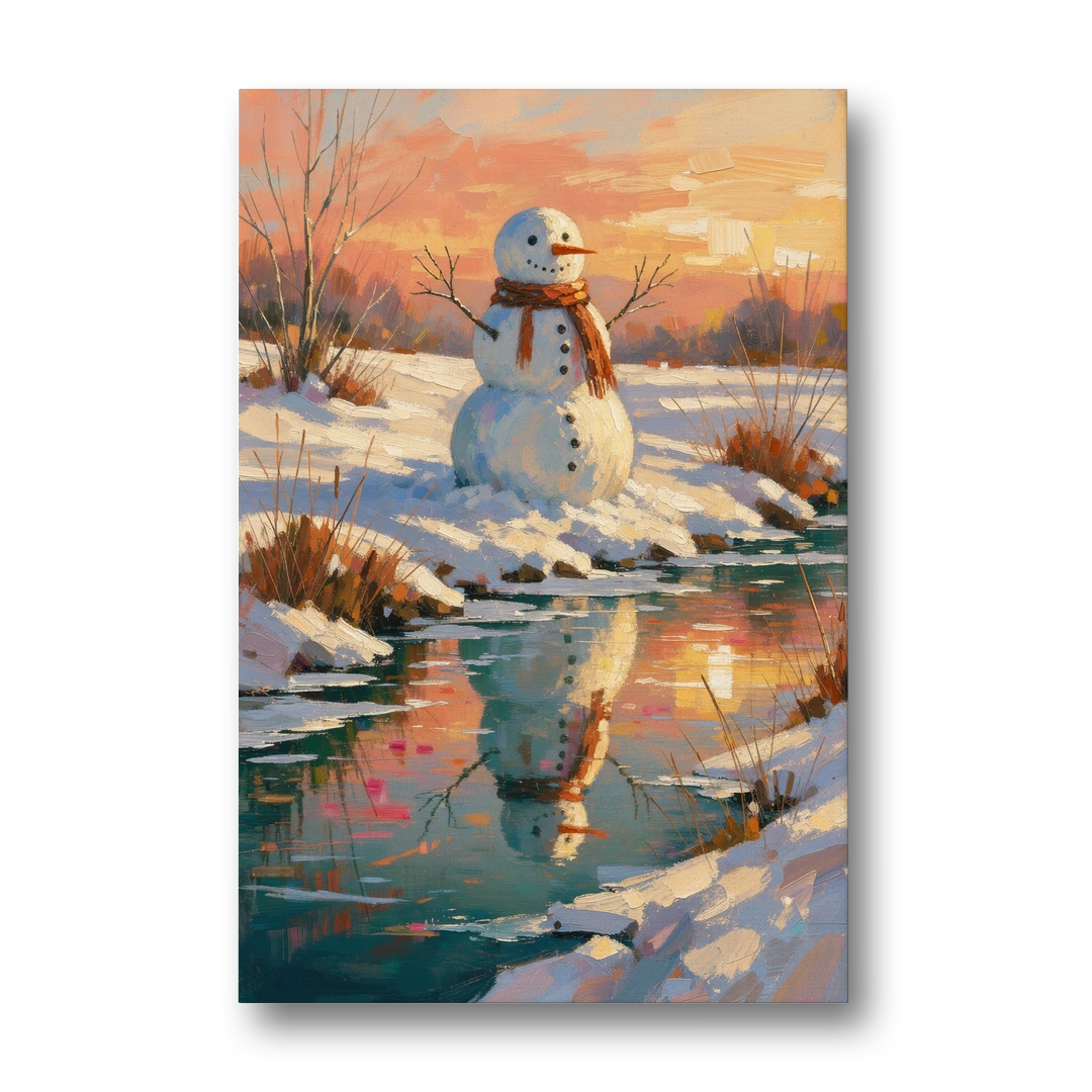 Impressionist Snowman by a Sunrise Creek - Canvas Wall Art - Front