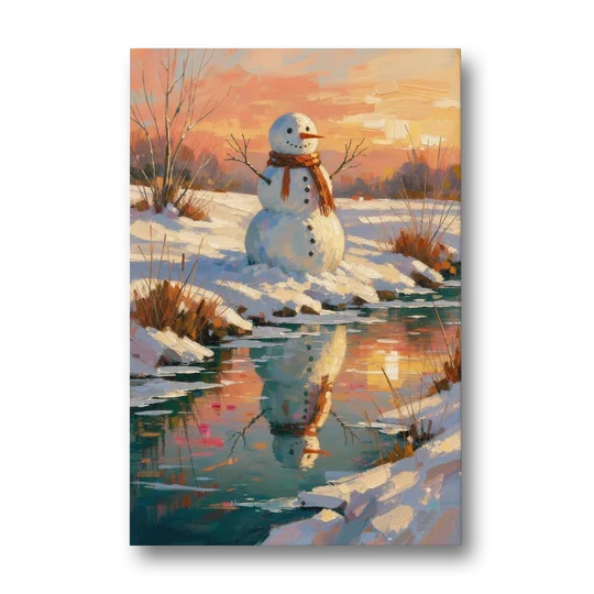 Impressionist Snowman by a Sunrise Creek - Canvas Wall Art - Front