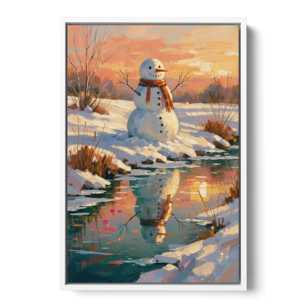 Impressionist Snowman by a Sunrise Creek - White Framed Canvas Wall Art - Front