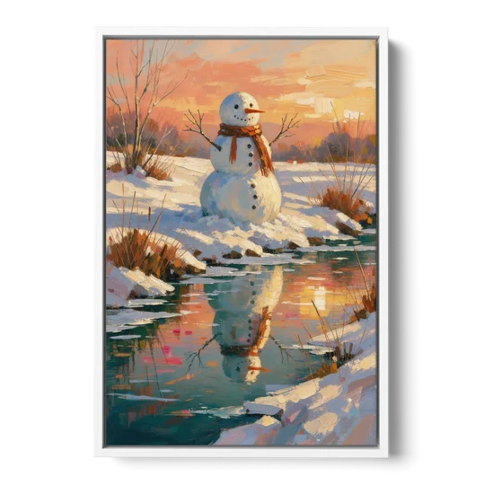 Impressionist Snowman by a Sunrise Creek - White Framed Canvas Wall Art - Front
