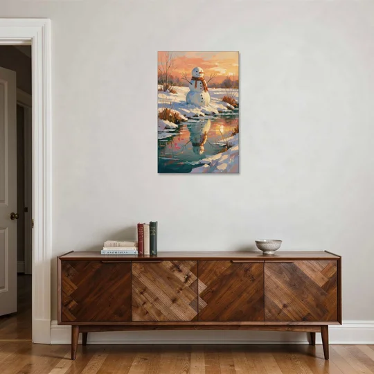Impressionist Snowman by a Sunrise Creek - Canvas Wall Art - Coffee Table - 24x36