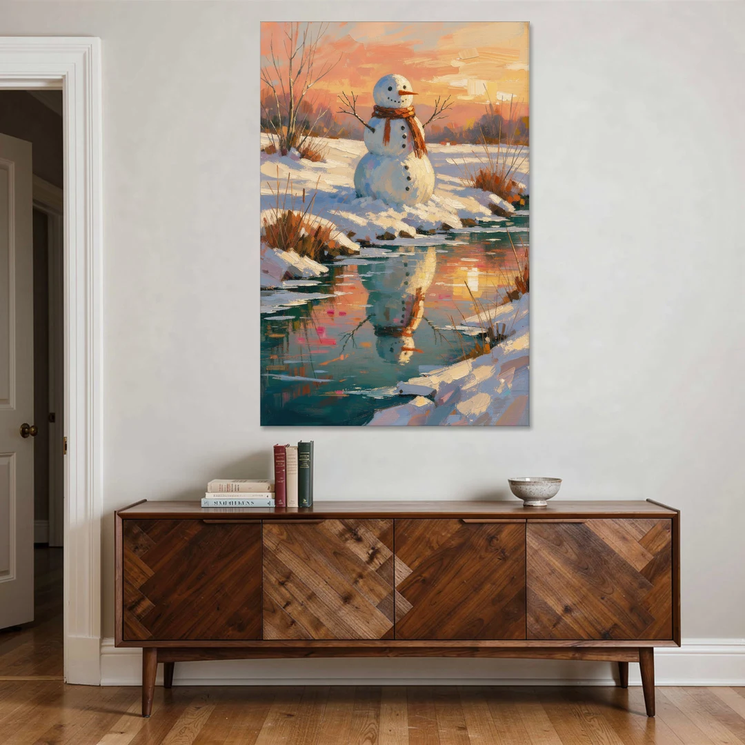 Impressionist Snowman by a Sunrise Creek - Canvas Wall Art - Coffee Table - 40x60