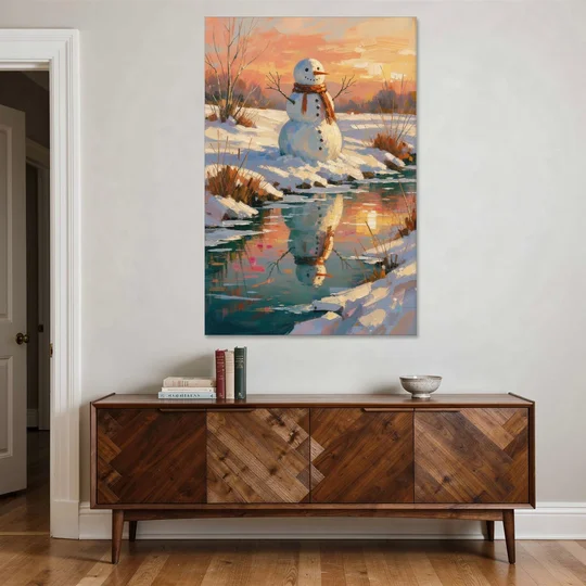 Impressionist Snowman by a Sunrise Creek - Canvas Wall Art - Coffee Table - 40x60