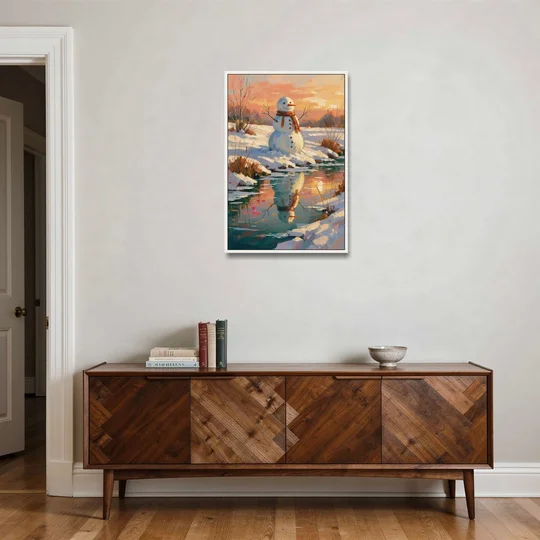 Impressionist Snowman by a Sunrise Creek - White Framed Canvas Wall Art - Coffee Table - 24x36