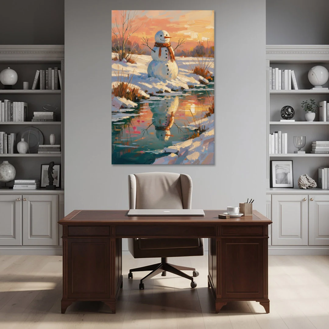 Impressionist Snowman by a Sunrise Creek - Canvas Wall Art - Office - 40x60