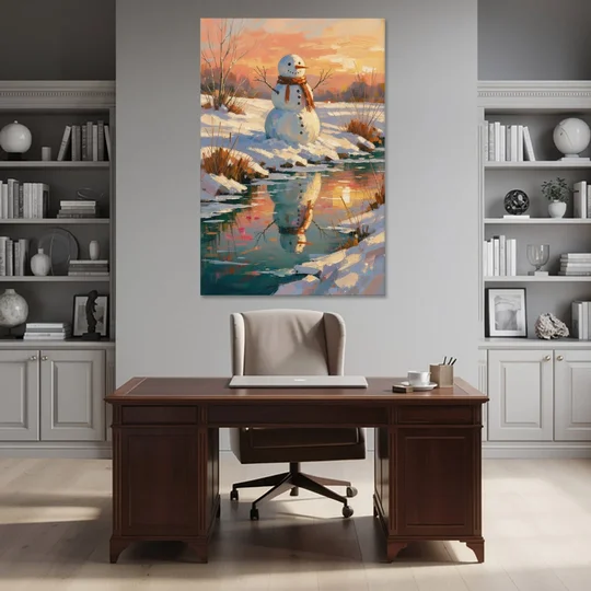 Impressionist Snowman by a Sunrise Creek - Canvas Wall Art - Office - 40x60