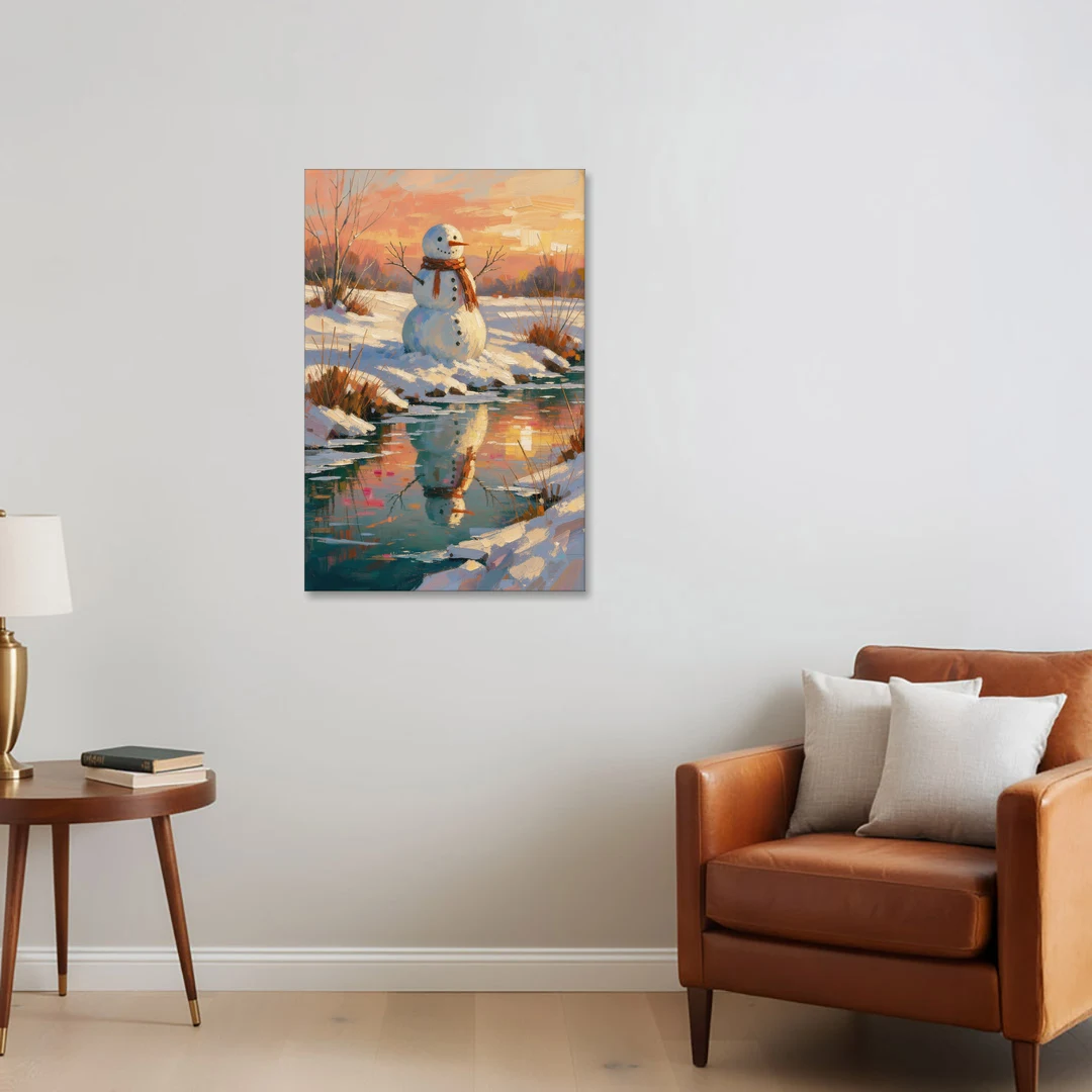 Impressionist Snowman by a Sunrise Creek - Canvas Wall Art - Sofa - 24x36