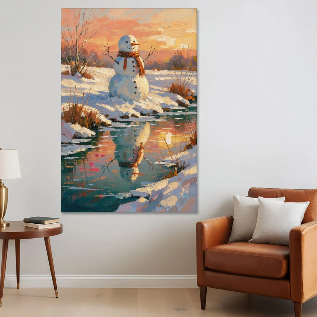 Impressionist Snowman by a Sunrise Creek - Canvas Wall Art - Sofa - 40x60