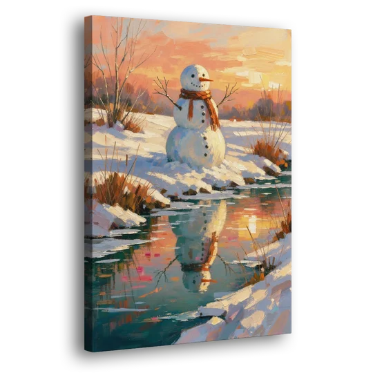 Impressionist Snowman by a Sunrise Creek - Canvas Wall Art - Side