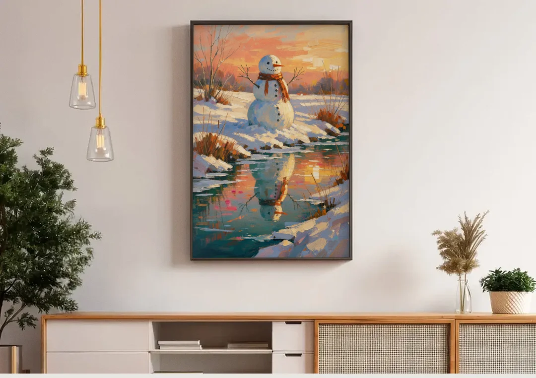 Impressionist Snowman by a Sunrise Creek canvas wall art above a wooden sideboard under pendant lights