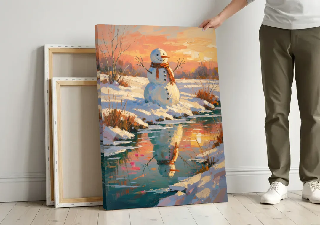 Impressionist Snowman by a Sunrise Creek canvas wall art leaning against a wall next to blank canvases