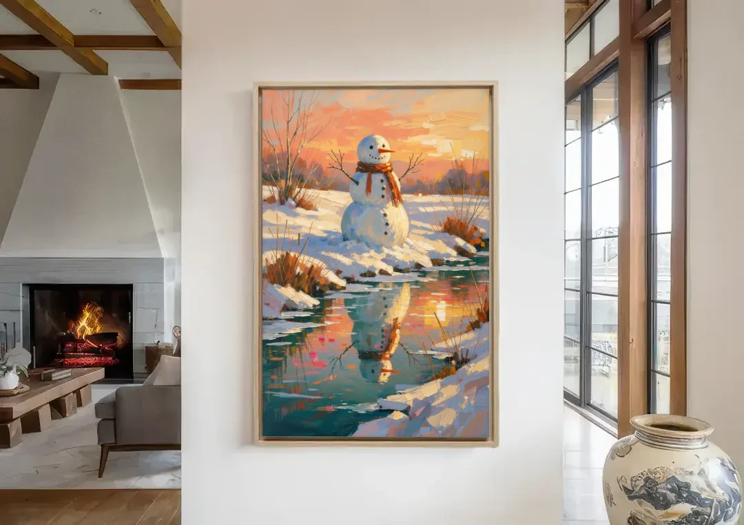 Impressionist Snowman by a Sunrise Creek canvas wall art in a living room with a fireplace