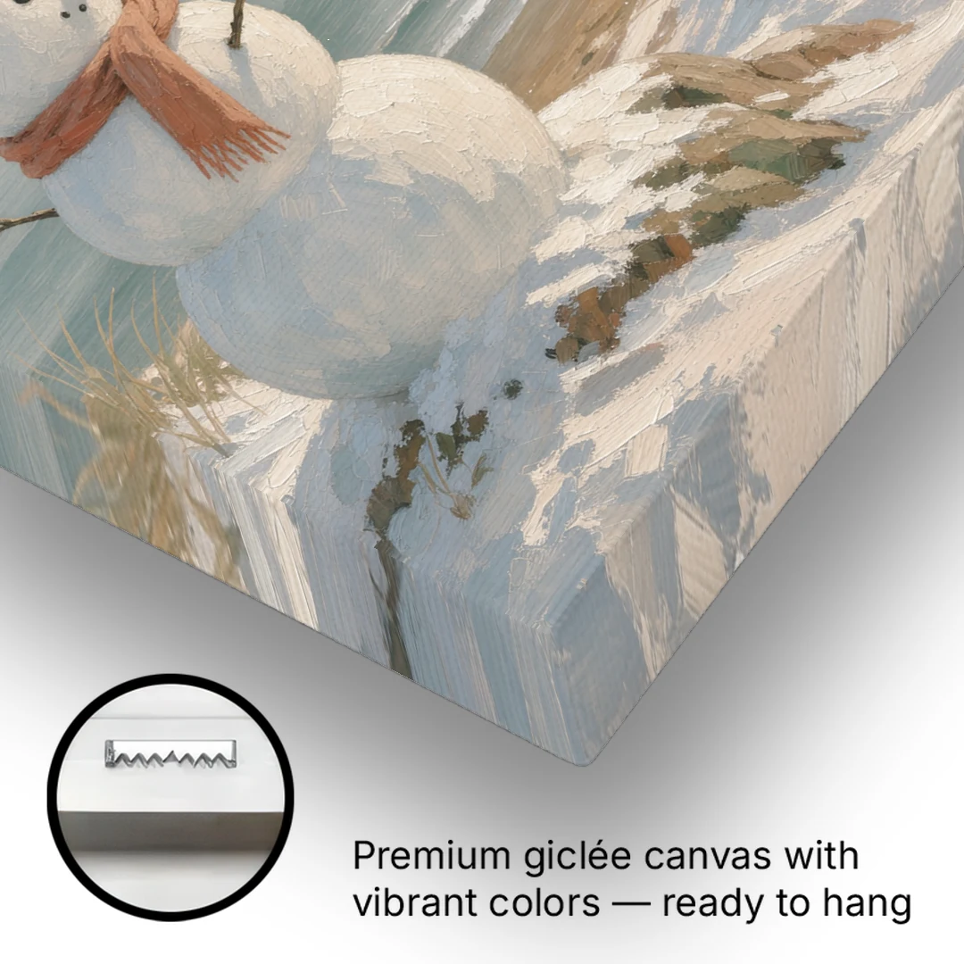 Snowman Watching the Coastal Lighthouse - Canvas Wall Art - Gallery Wrap Corner