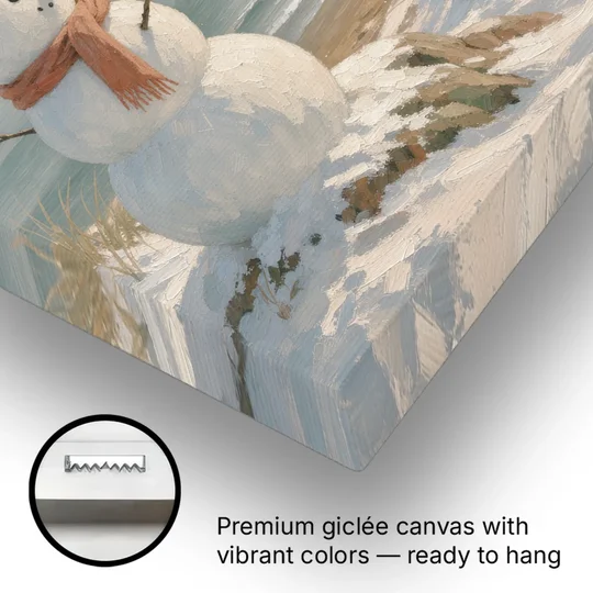 Snowman Watching the Coastal Lighthouse - Canvas Wall Art - Gallery Wrap Corner