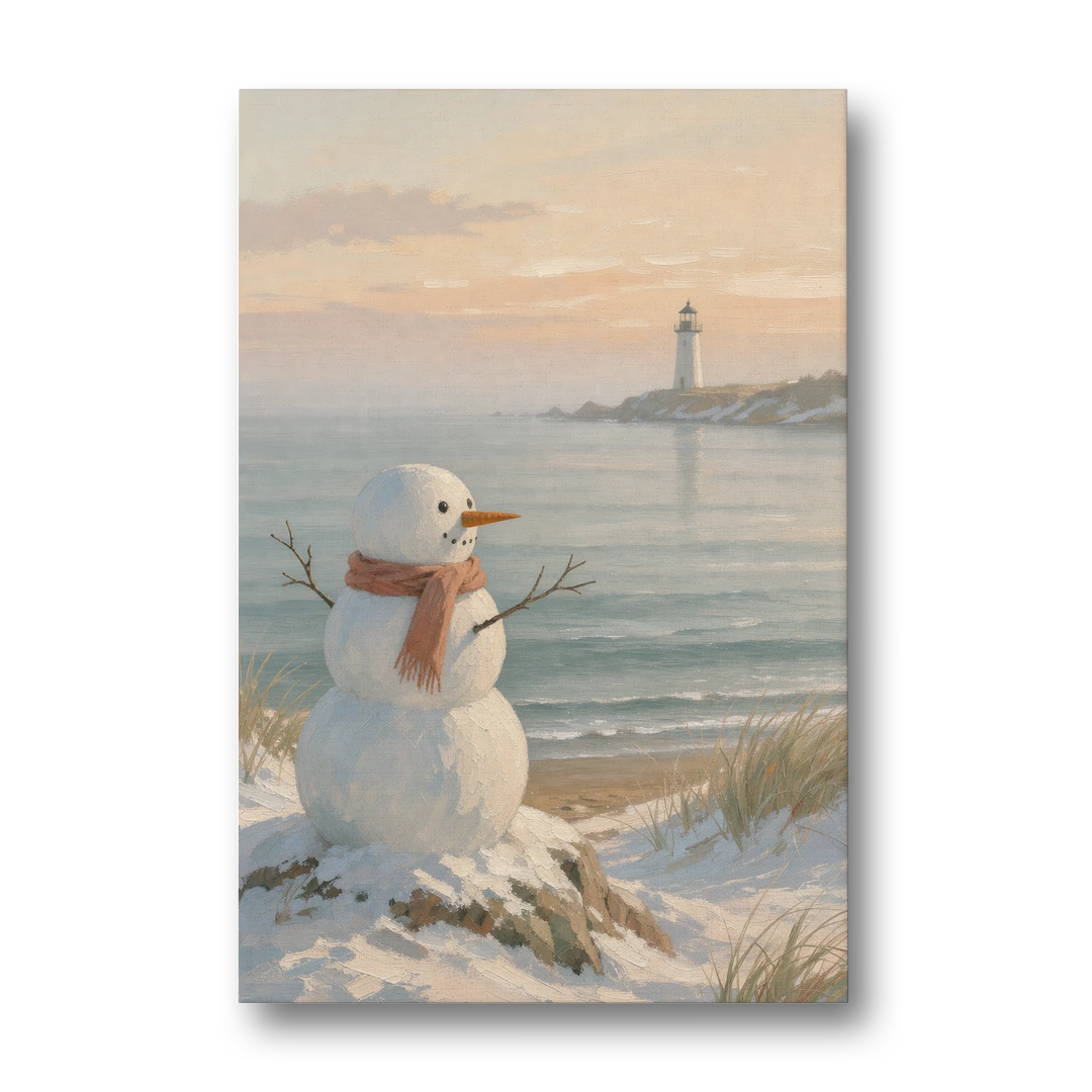Snowman Watching the Coastal Lighthouse - Canvas Wall Art - Front