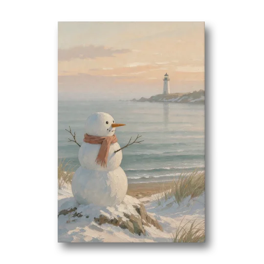 Snowman Watching the Coastal Lighthouse - Canvas Wall Art - Front