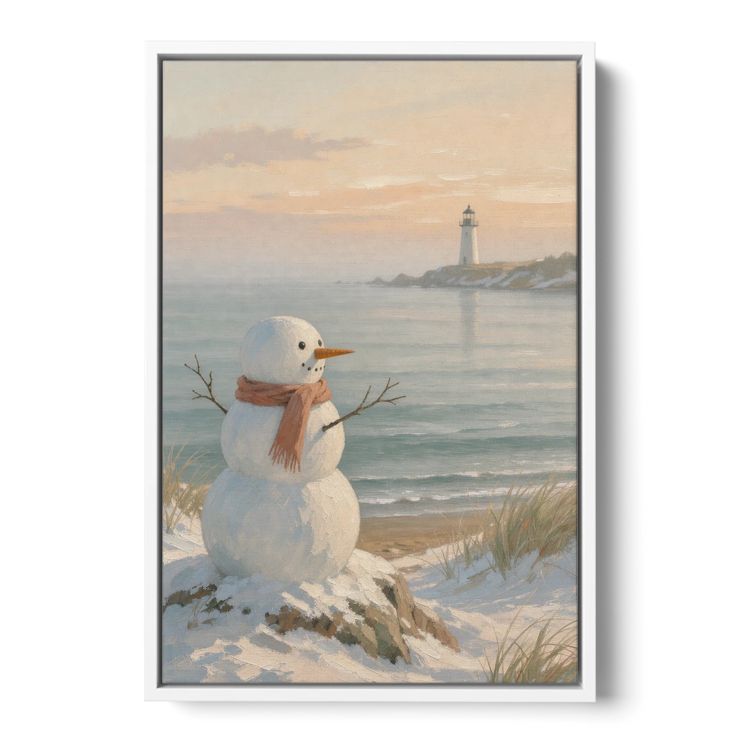 Snowman Watching the Coastal Lighthouse - White Framed Canvas Wall Art - Front