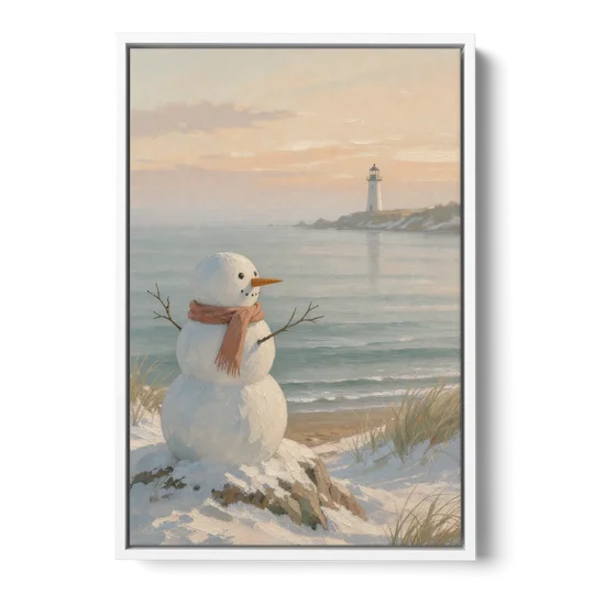 Snowman Watching the Coastal Lighthouse - White Framed Canvas Wall Art - Front