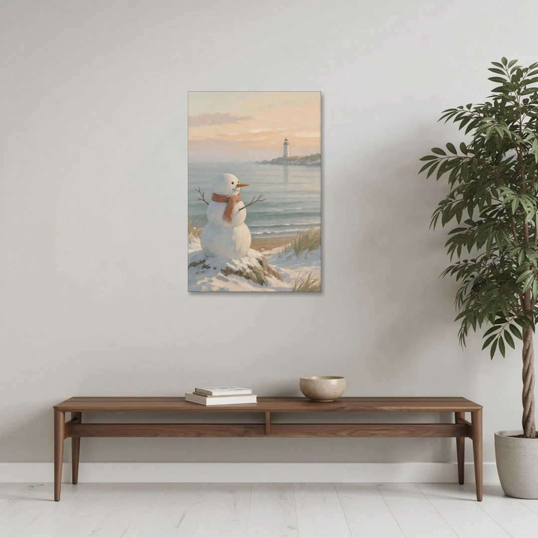 Snowman Watching the Coastal Lighthouse - Canvas Wall Art - Coffee Table - 24x36