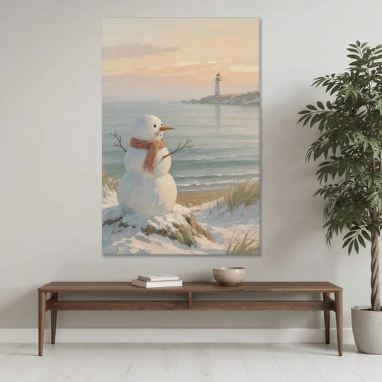 Snowman Watching the Coastal Lighthouse - Canvas Wall Art - Coffee Table - 40x60
