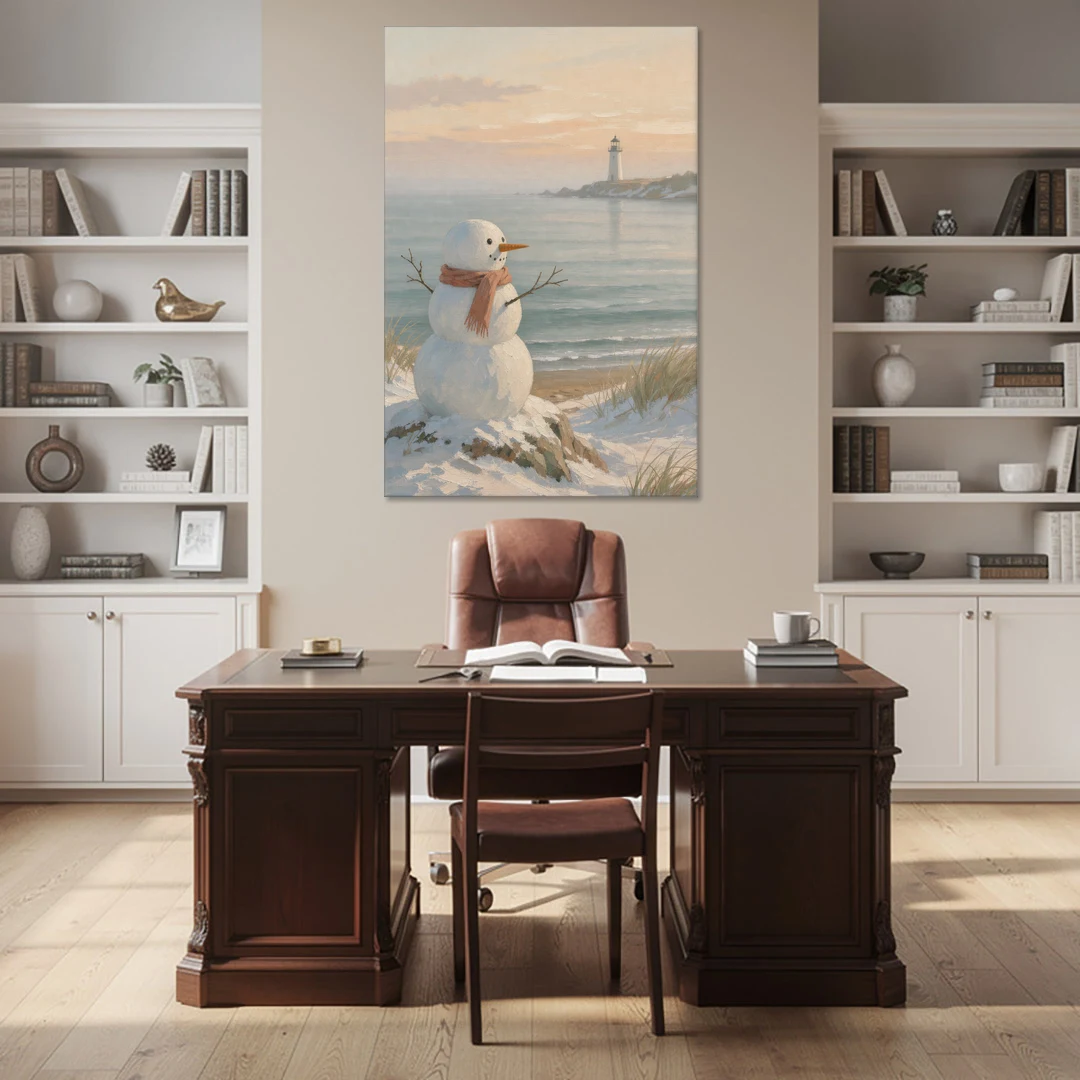 Snowman Watching the Coastal Lighthouse - Canvas Wall Art - Office - 40x60