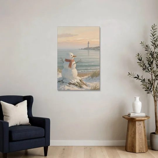Snowman Watching the Coastal Lighthouse - Canvas Wall Art - Sofa - 24x36