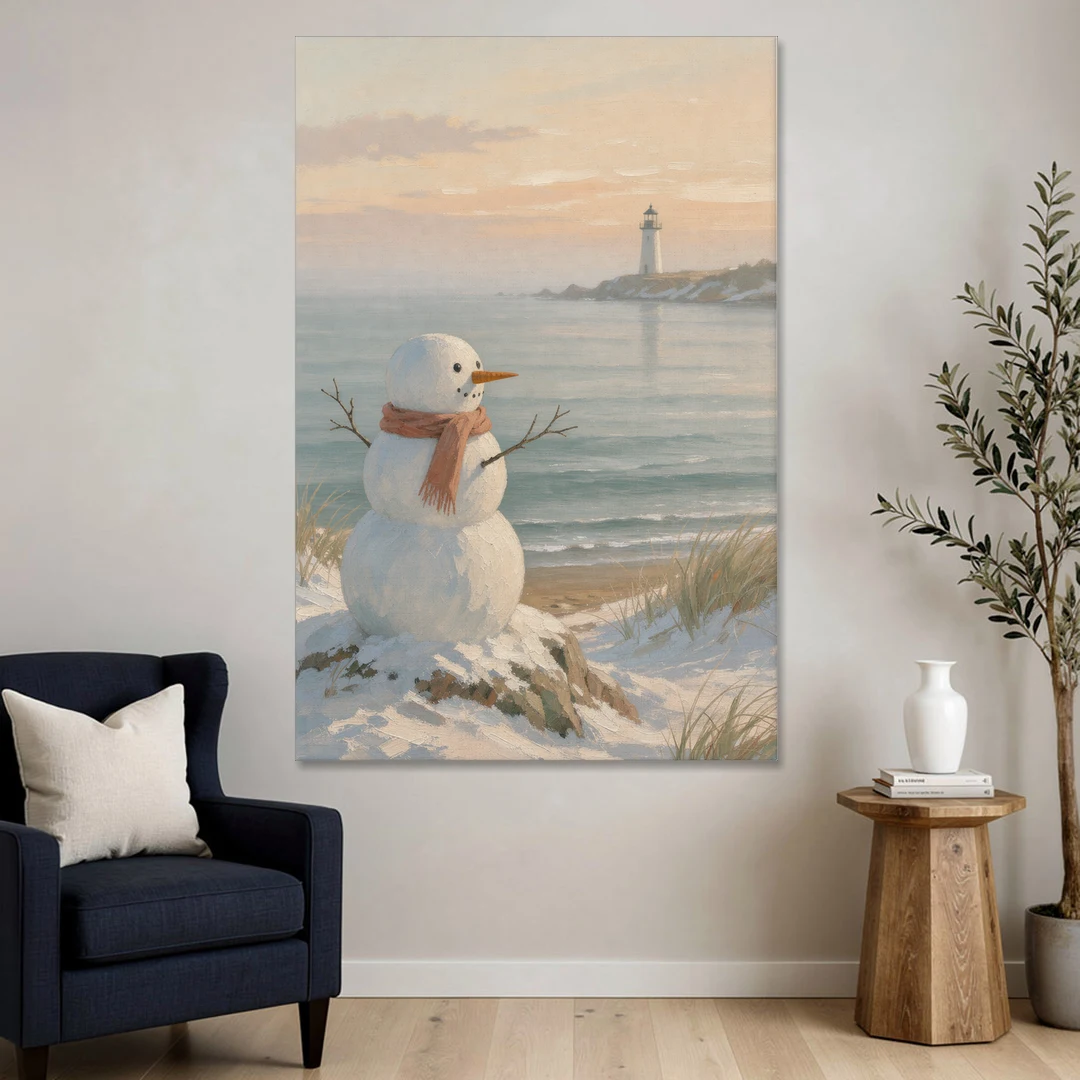 Snowman Watching the Coastal Lighthouse - Canvas Wall Art - Sofa - 40x60