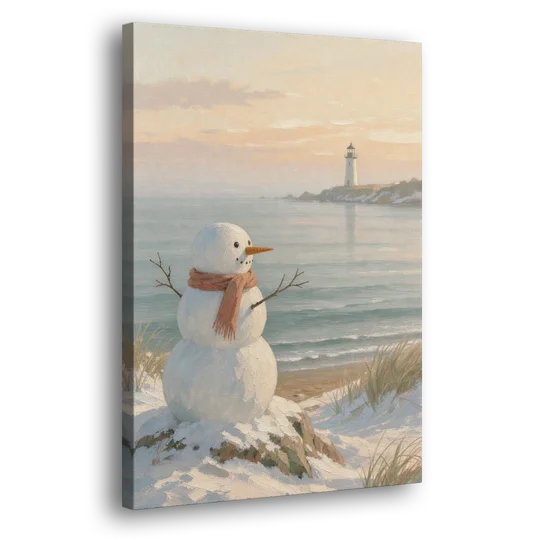 Snowman Watching the Coastal Lighthouse - Canvas Wall Art - Side
