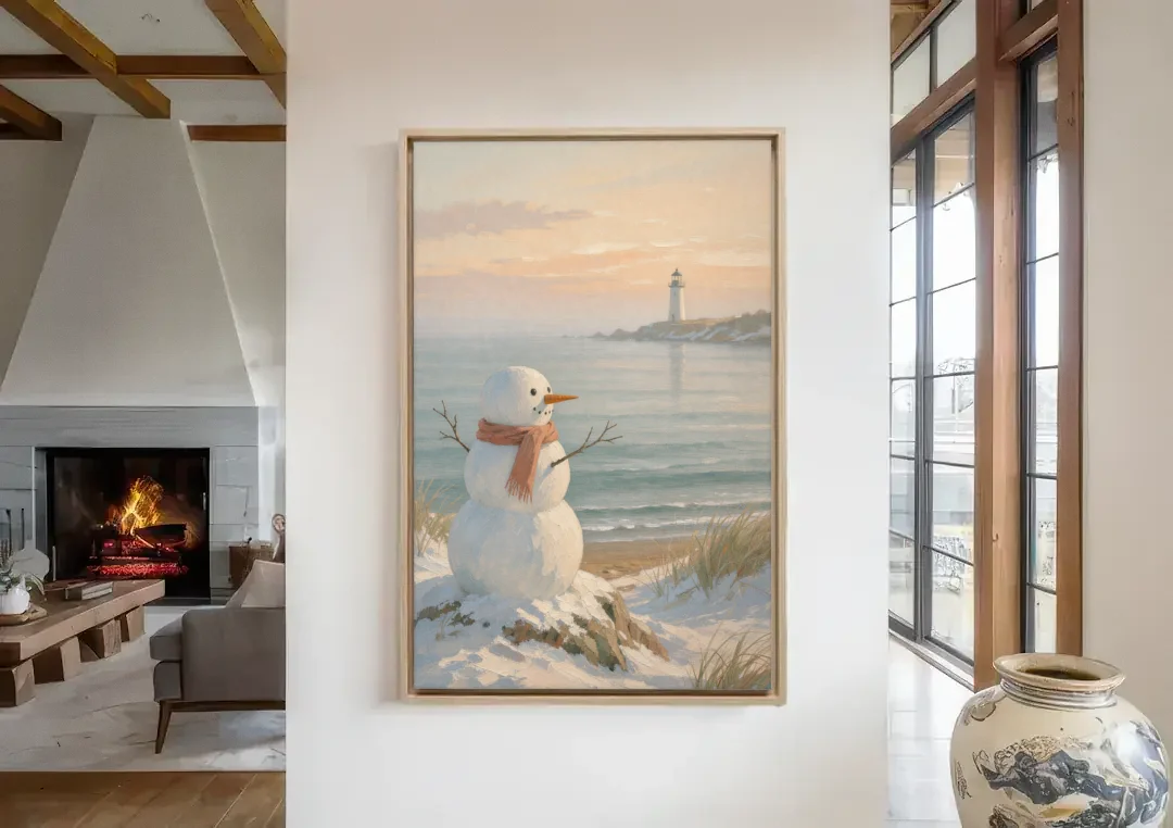 Snowman Watching the Coastal Lighthouse canvas wall art in a living room with a fireplace